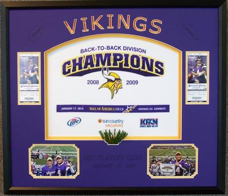 This is a framing of a Minnesota Viking's Towel with a piece of turf from the old Metrodome, 2 photos, and 2 tickets.