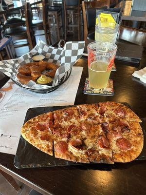 Carnivore flatbread, pretzel with no butter and IPA