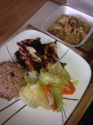 Yummy yummy yummy
 Jerk chicken w a side of salt fish! Hidden Jem !