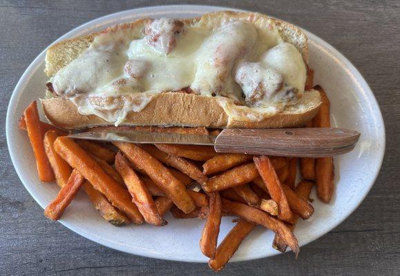 Chicken Parmesan sub $15 with $2 upcharged for sweet potato fries.