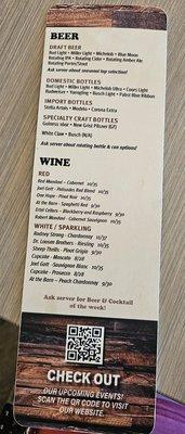 Beer and wine list