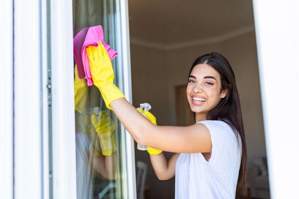 Woman cleaning glass door, smiling while  facing the camera