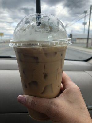 Yummy Decaf (don't judge me) Iced White Chocolate Mocha w/Soy and Whip.