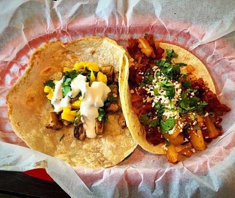 Hawaiian chicken (left) and al pastor. So good. You have to get the homemade flour tortillas.