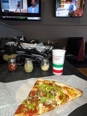 Pizza slice, soda, Sports on TVs