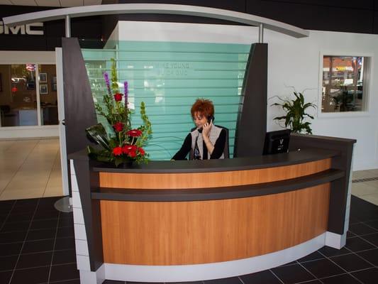 The reception desk in the new car showroom at Mike Young Buick GMC in Frankenmuth