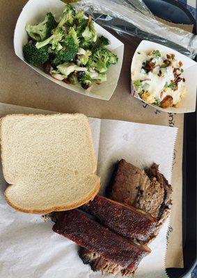 Two meat plate- brisket and ribs, broccoli salad and cornbread salad ( personal favorite!!!)