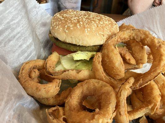 Veggie burger. Sub onion rings