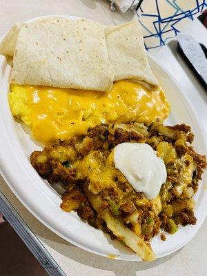 Chorizo Hash, cheesy eggs and tortillas