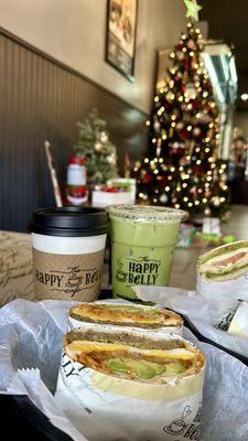 Limited Hearty Breakfast Wrap, the Chicken Caprese Panini, 16 oz. Hot Chocolate, and the 16 oz. Matcha Latte