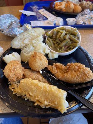 Fish and chicken baked potato and green beans, yummy!