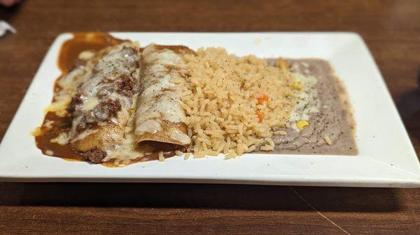 Combo #C6. Tamale, Beef Enchilada, Rice, and Beans Combination Plate