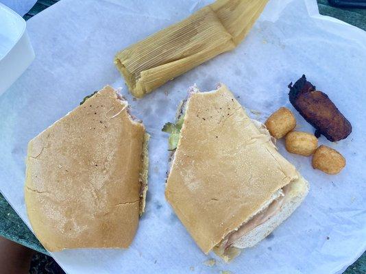 Cuban sandwich, tamale, a few yucca bites and plantain