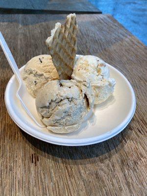 Salted Peanut Butter with Chocolate Flecks Pint, Coffee with Cream & Sugar, and Brown Butter Almond Brittle.