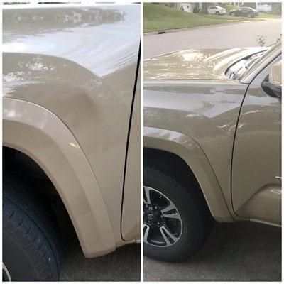 2019 Toyota Tacoma repaired with Paintless dent repair.