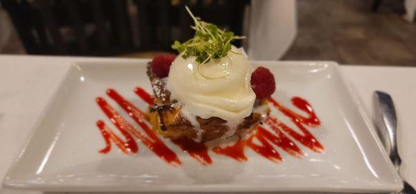 Bread pudding with homemade vanilla bean ice cream