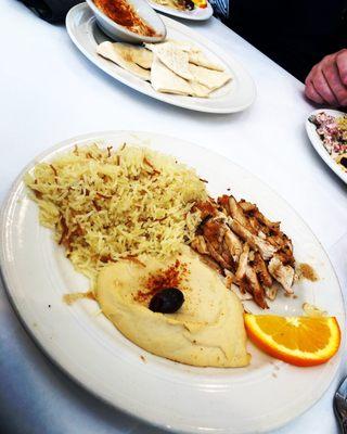 Chicken Sharwarma, rice pilaf, Hummus,