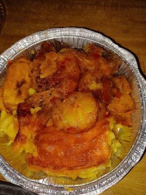 Sweet chile shrimp with mac and cheese with plantains