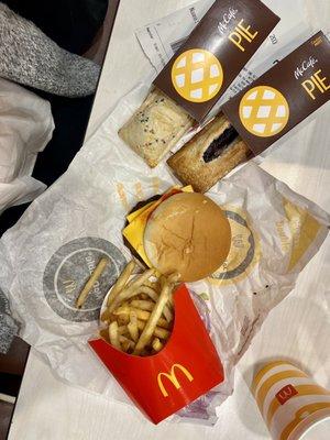 Double Cheeseburger, Medium Fries, Blueberry & Creme Pie, and Holiday Pie.