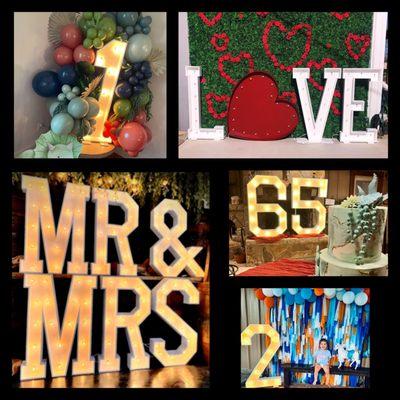 Marquee numbers and Marquee Mr. & Mrs. & Love letters.