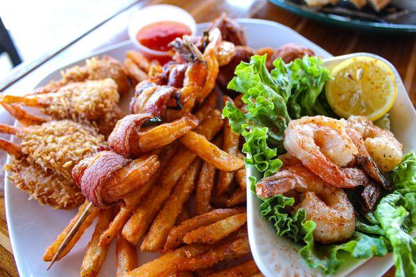 Shrimp Trio: Coconut Shrimp, Bacon-Wrapped Bourbon-Glazed Shrimp, Garlic Butter Shrimp