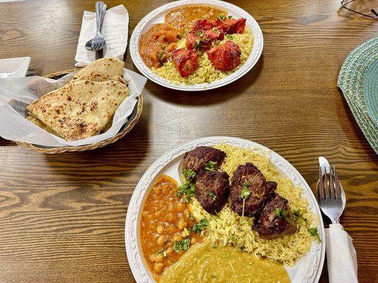 Chicken kebab with chick peas & vegetables; lamb kebab with chick peas & lentils; garlic naan