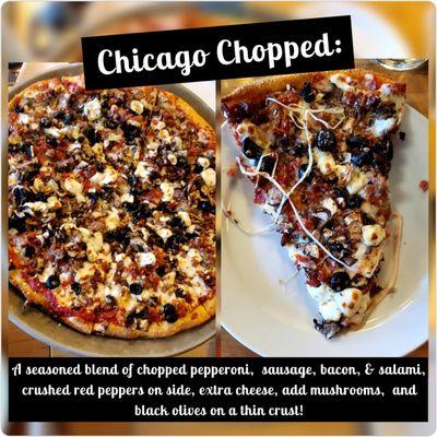 A whole pie and a slice of the same! Chicago Chopped with a few modifications. Sooooo yummy! Plus, ooey-gooey cheese!