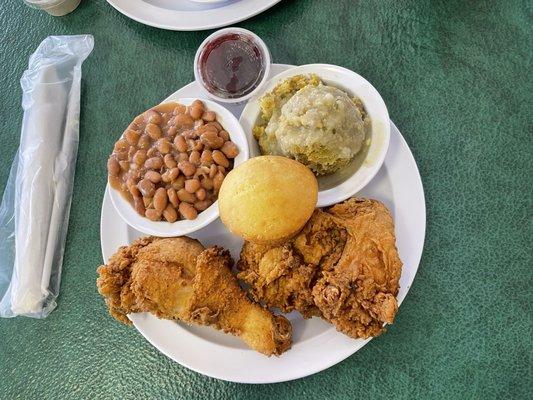 Fried Chicken. Pinto Beans.  Cornbread dressing w/ cranberry sauce.  That M'fn cornbread