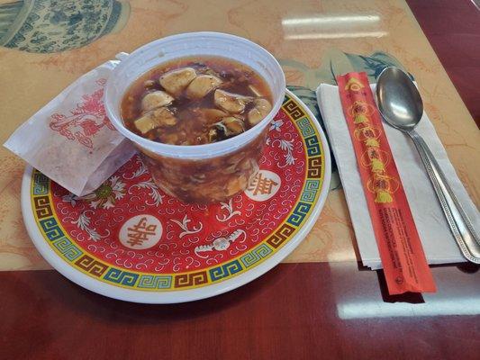 Hot & Sour soup--points for the fresh mushrooms and large portion.