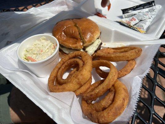 Mozzarella cheeseburger, cole slaw, onion rings.