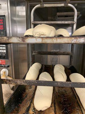 More examples of how the French bread is stored and baked on dirty pans and out into dirty rusted out racks. The rust gets on the bread!!!