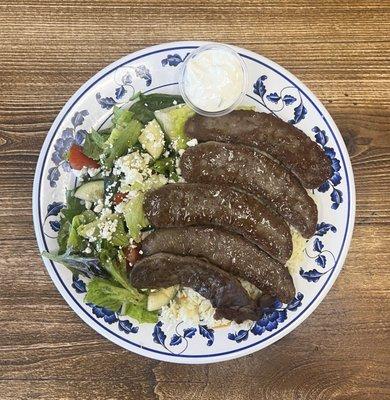 Gyros Plate - 5 strips of grilled beef & lamb gyros served with rice, salad, tzatziki & pita