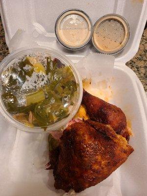 1/4 Dark Smoked Chicken w/ Morgan Co White sauce and double Slow Cooked Collards