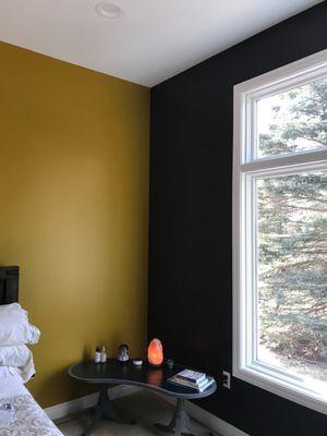 I am SO in love with the colors I picked for my bedroom! 3 walls are Black Magic and one wall is Auric, windows/ceiling are Pure White.