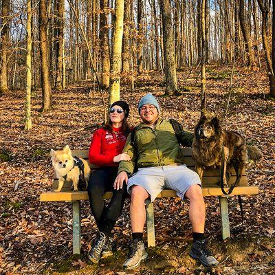 Hiking with our dogs on the nature trail. I'm sure its even nicer in spring when the trees are green!