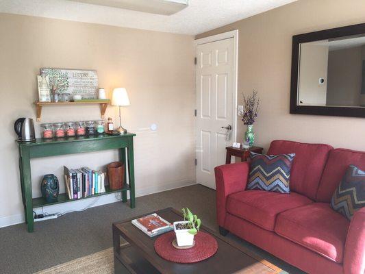 Entryway/ waiting room  complete with complimentary tea from Jasmine Pearl Tea Company