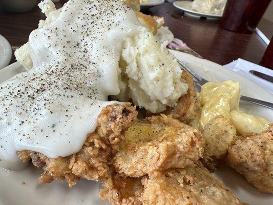 Chicken fried steak Mac and cheese and fried squash!