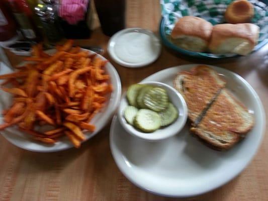 Patty melt w side (huge) of sweet potato fries