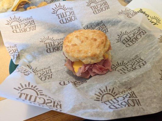 Shaved ham melt biscuit.