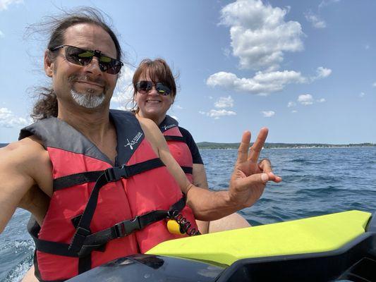 On a jet ski in West Grand Traverse Bay.