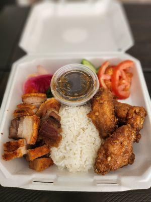 Yummy combo rice, chicken wings and roasted pork, highly recommended!