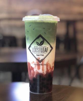 Strawberry Matcha Tea with Honey Boba and dairy milk