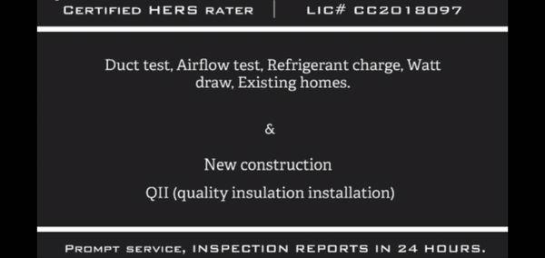 Duct test, Airlfow test, refrigerant charge, existing homes, new construction, Qii ( quality insulation installation)