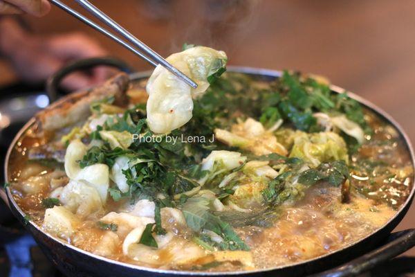 Medium Pork Back Bone Casserole + Sujebi ($52.98) - pork rib w/ cabbage, potato, sesame leaf in soybean pork broth. Broth is delicious.