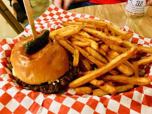 The blue cheese cheese burger. Savory with a sharp cheesy bite! Served with home cut fries; the best around.