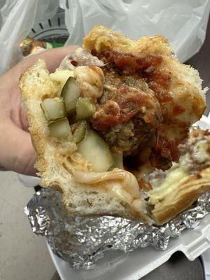 Meatball Parmesan Melt with pickles! (2.5/5)