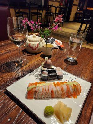 Special roll, yellow tail roll, plum wine, green tea