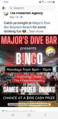 Page from Facebook advertising about Dirty Bingo, Time it Starts..