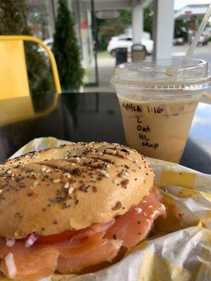 The works bagel -- everything bagel add salmon  Honey lavender and maple latte -- I got mine sweet!