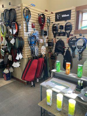 Pro shop racquets, net checkers, replacement grips, dampeners. Tennis bags, over grips, tennis balls, towels, and lip balm